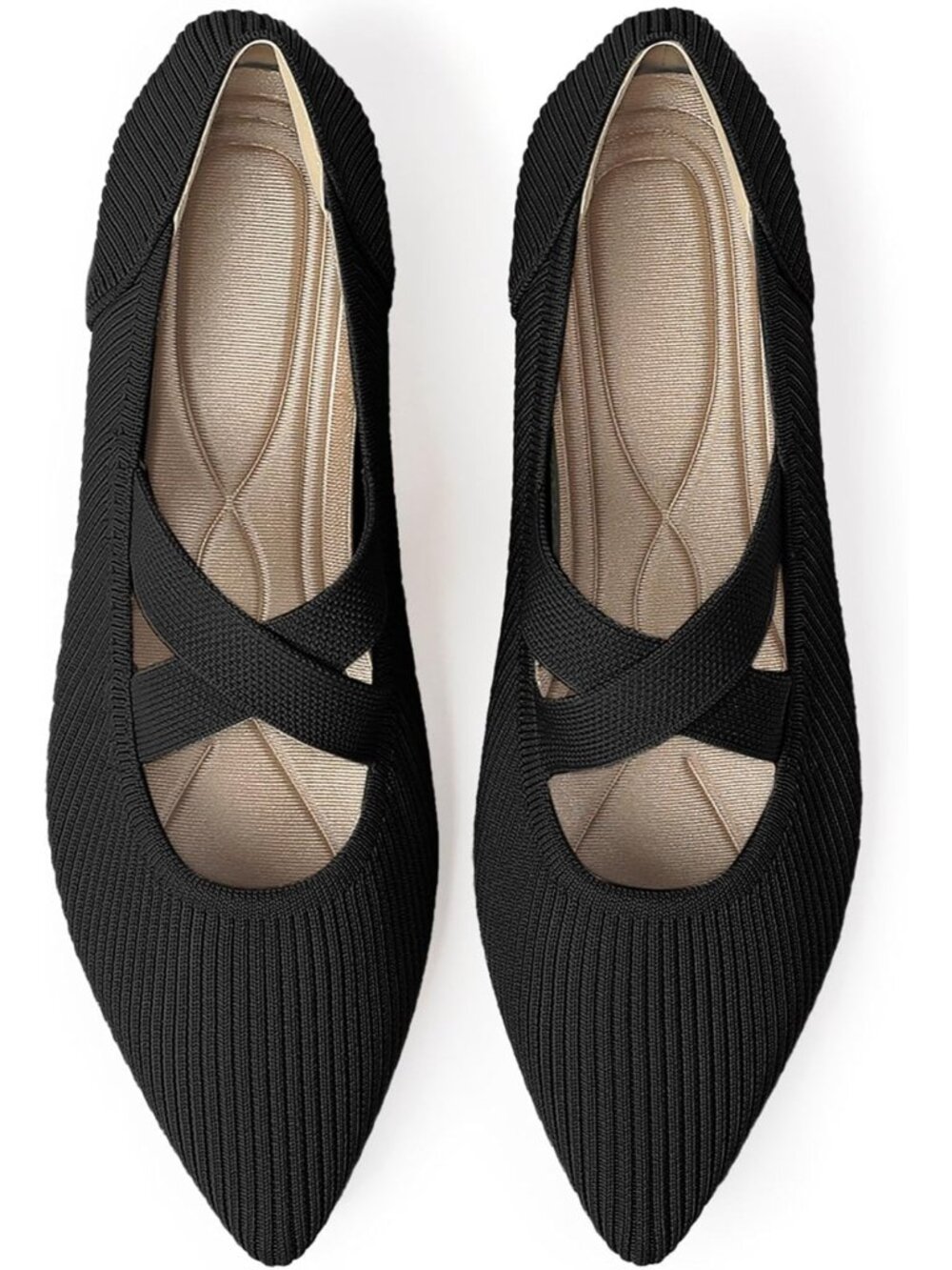 Women's Black Knit Mary Jane Flats Pointed Toe Comfortable Slip On Dressy Shoes